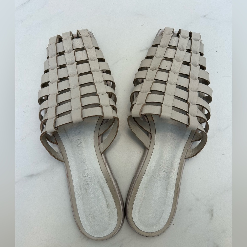 WAL & PAI Woven Leather Slide Mules in Cream - Size 39